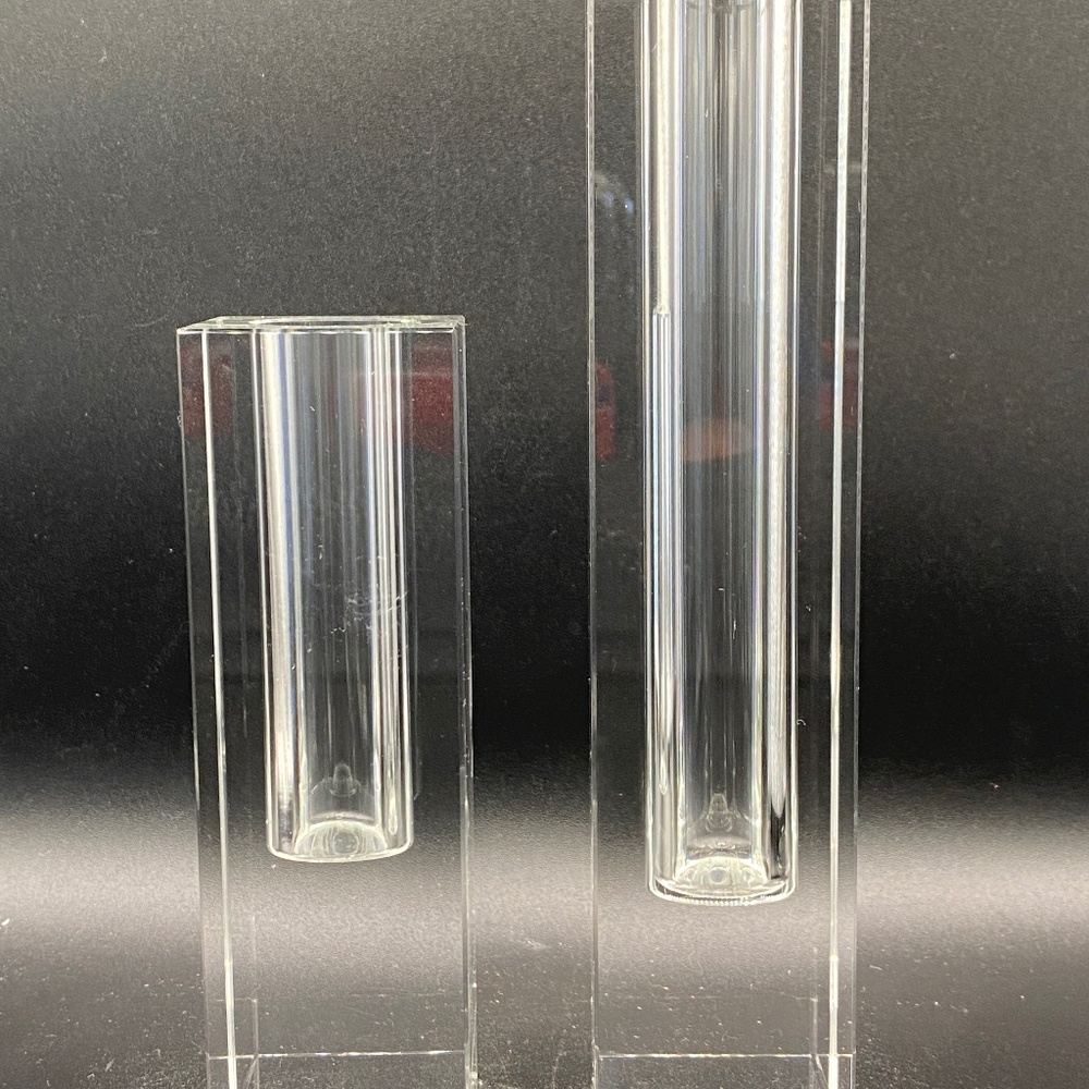 Bud vases x2, solid crystal clear rectangle with water resevoir. 5" +7" H.